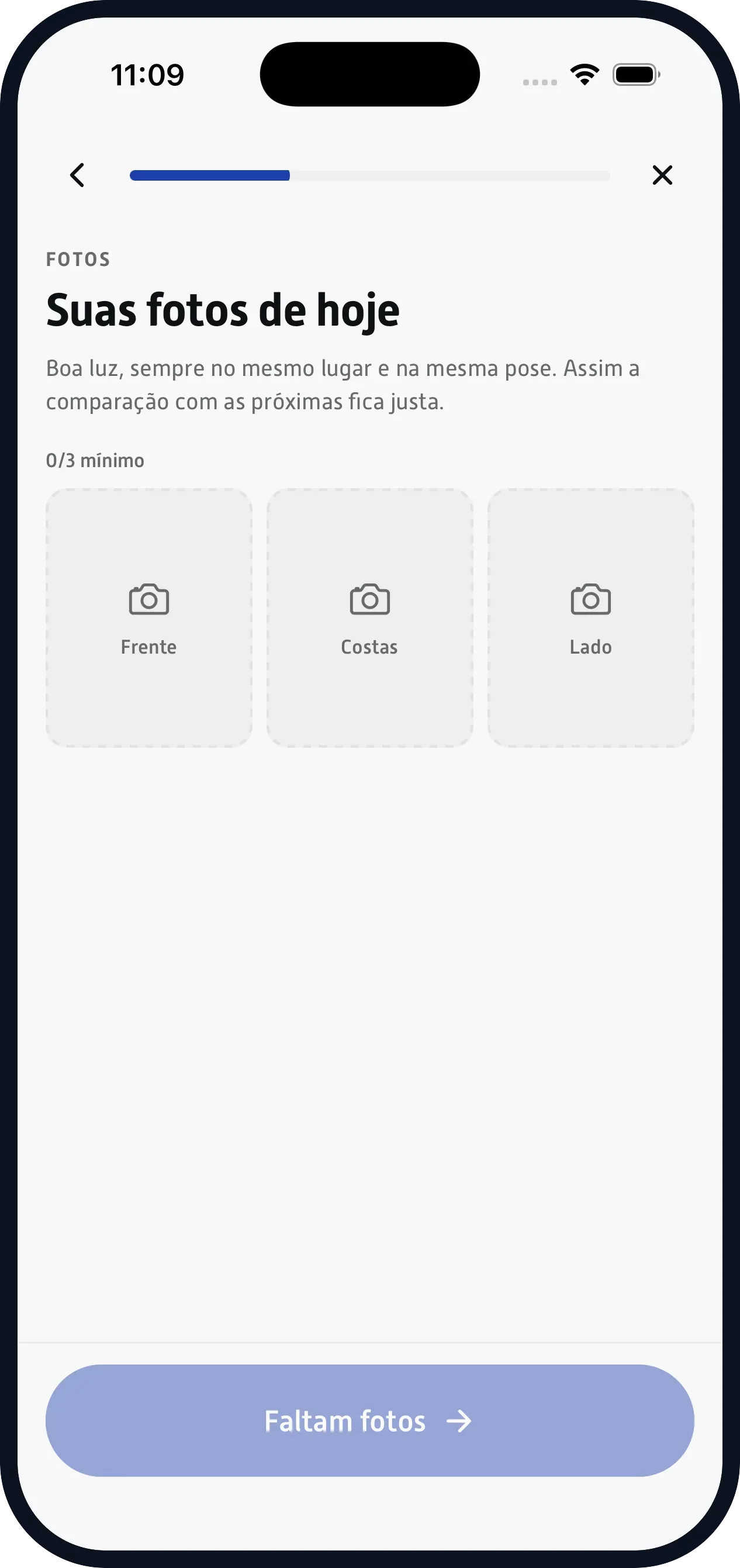 Check-in no dia certo. O app pede as fotos e as medidas. Você recebe tudo junto.