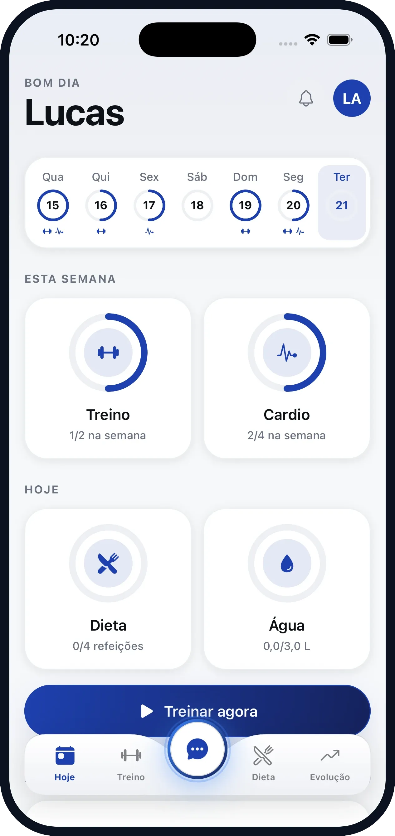 App do aluno: treino do dia com exercícios, séries, cargas e vídeo de execução